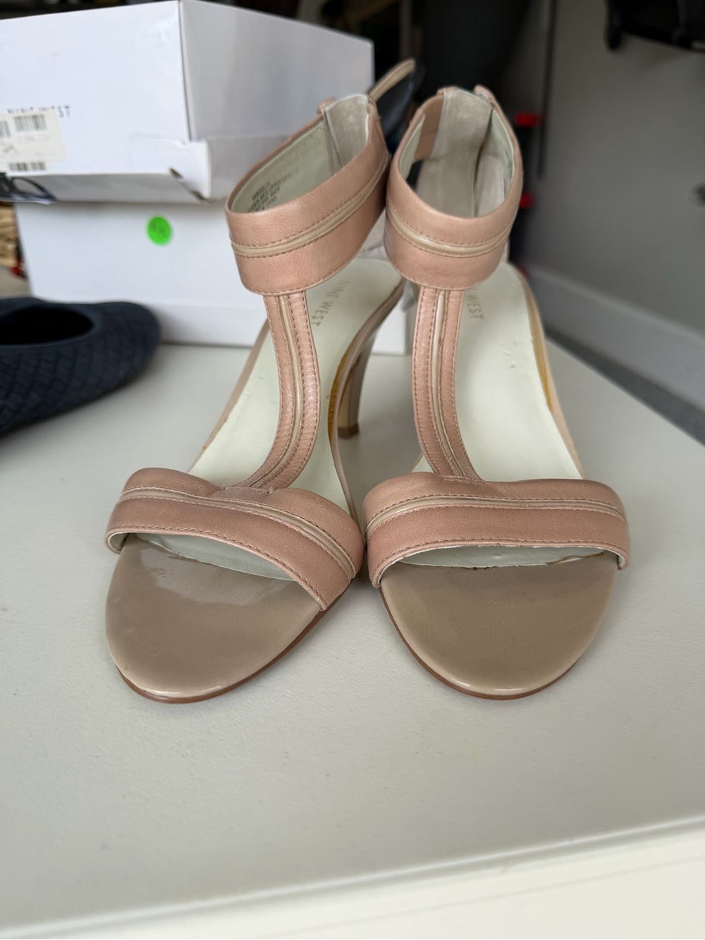 Nine West Taupe T‑Strap Mid Heel Sandals